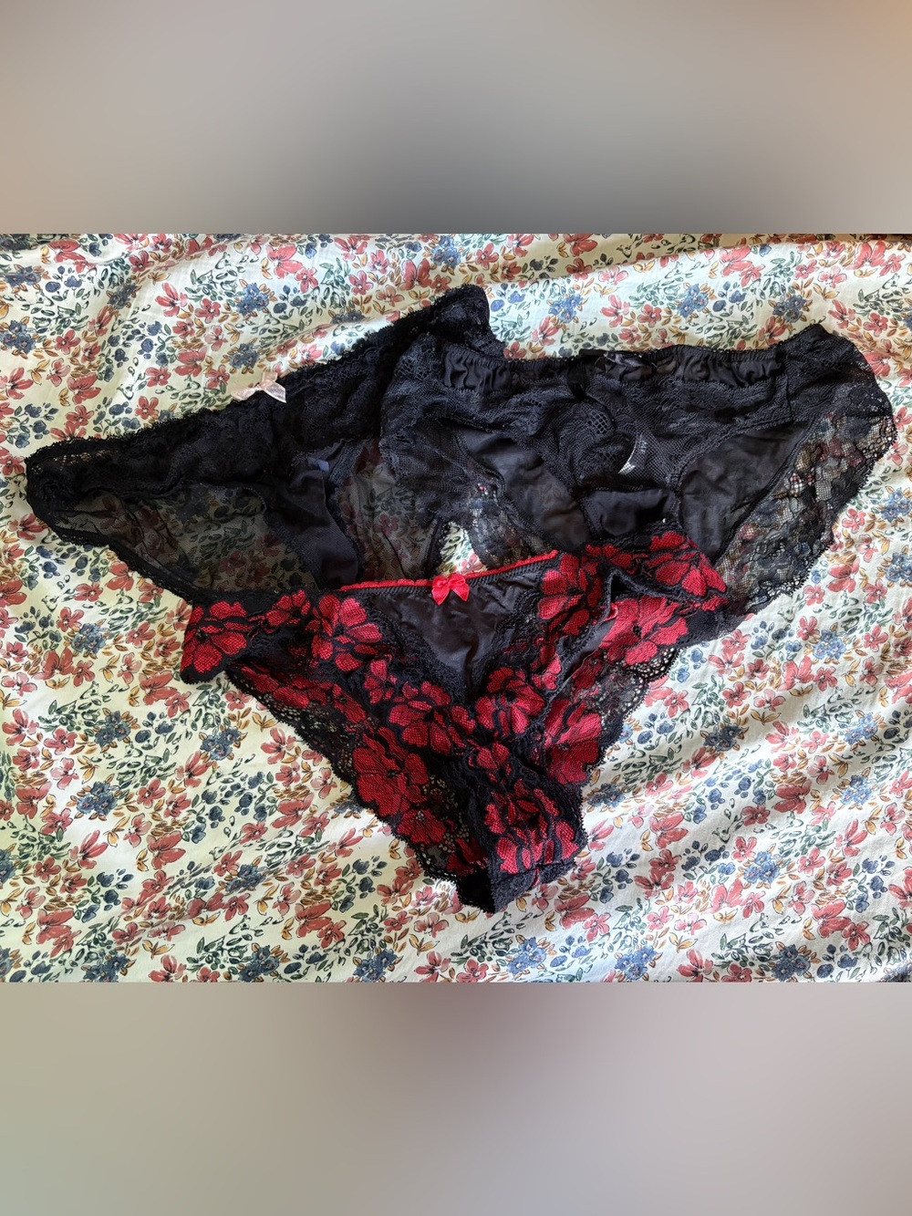 Adore Me Black Lace Bikini Panty with Red Floral Lace Overlay
